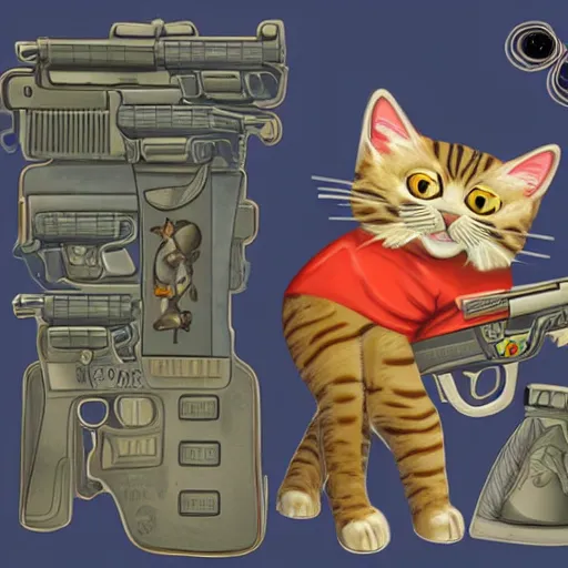 Prompt: photograph of a realistic anthropomorphic cat with lots of guns