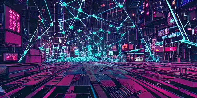 Image similar to glowing chains of interconnected network of technological cubes floating in the middle of a cyberpunk tokyo 2 0 9 9 city, in the art style of dan mumford and marc simonetii, atmospheric lighting, intricate, volumetric lighting, beautiful, sharp focus, ultra detailed