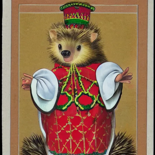 Prompt: anthropomorphic hedgehog wearing ukrainian national costume called vyshyvanka