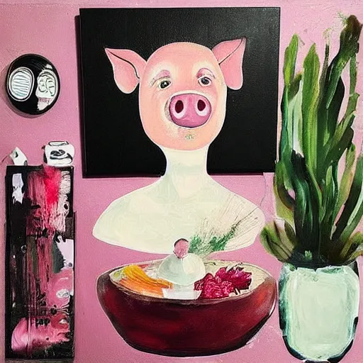 Image similar to “ a portrait in a female art student ’ s apartment, sensual, a pig theme, dreamy, art supplies, paint tubes, ikebana, herbs, a candle dripping white wax, black walls, squashed berries, berry juice drips, acrylic and spray paint and oilstick on canvas, surrealism, neoexpressionism ”