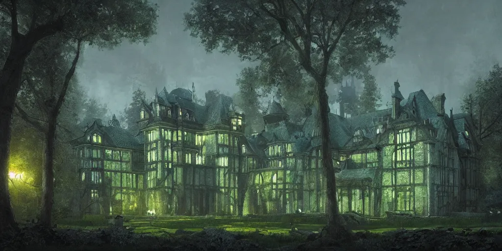 Image similar to beautiful render of a manor in the middle of the forest, unreal engine,, at night, medieval!!!!, green, dark blue!!!!, bright, artstation, detailled, manga!!!, fantasy!!!!!! by greg rutkowski