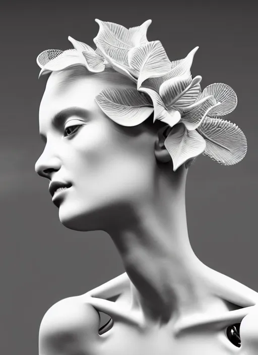 Image similar to complex 3d render ultra detailed of a beautiful porcelain profile young woman face, biomechanical cyborg, 200 mm lens, beautiful studio soft light, rim light, silver white gold red details, magnolia big leaves achromatic and stems, roots, fine foliage lace, mesh wire, Alexander Mcqueen high fashion haute couture, art nouveau fashion embroidered, intricate details, hyper realistic, ultra detailed, mandelbrot fractal, anatomical, facial muscles, cable wires, microchip, elegant, octane render, H.R. Giger style, 8k post-production, trending on Artstation