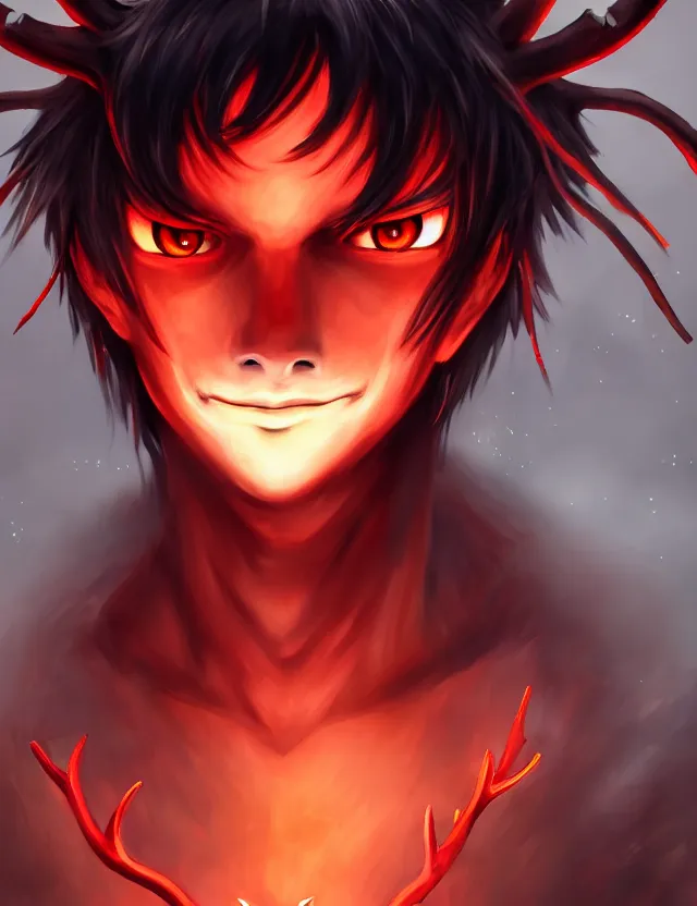 Image similar to a detailed manga portrait of a pitch black demon boy with dark antlers and crimson hair and glowing orange eyes, trending on artstation, digital art, 4 k resolution, detailed, high quality, sharp focus, hq artwork, coherent, insane detail, character portrait