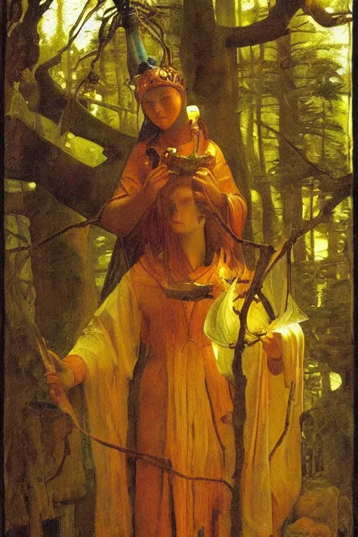 Image similar to queen of the forest with her lantern by Annie Swynnerton and Nicholas Roerich and Vermeer, strong dramatic cinematic lighting , ornate headdress , lost civilizations, smooth, sharp focus, extremely detailed