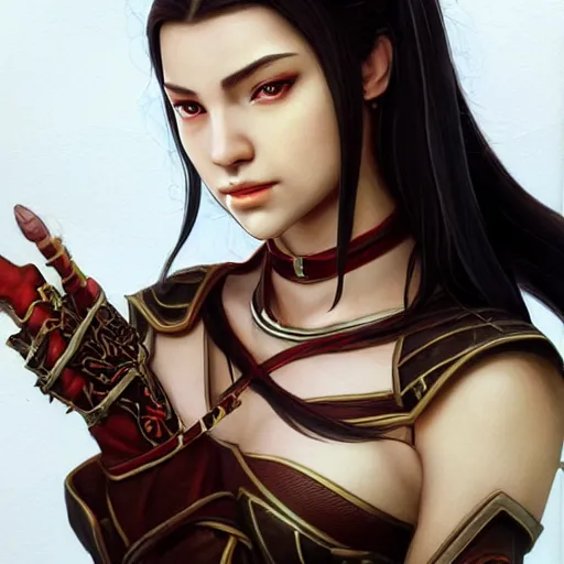 Image similar to Portrait of teenage sorceress Azula wearing skintight black leather armor, Avatar the Last Airbender, Dungeons and Dragons, Lord of the Rings, intricate, elegant, highly detailed, digital painting, artstation, concept art, smooth, sharp focus, illustration, art by artgerm and greg rutkowski and alphonse mucha and andrei riabovitchev