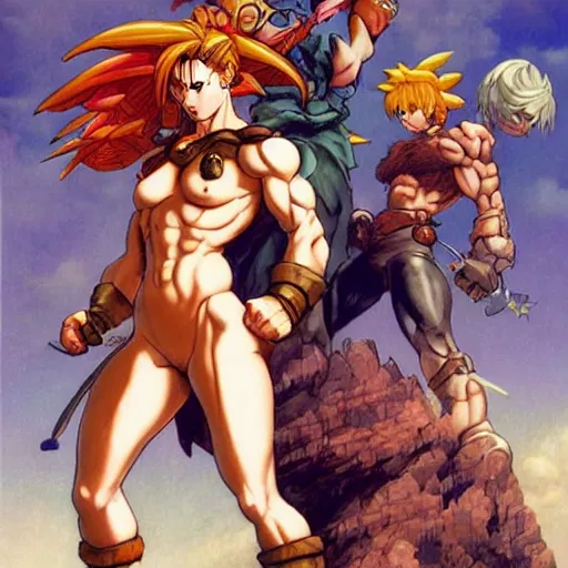 Prompt: crono stands atop a mountain of slain enemies as scantily clad babes marle and ayla clutch his legs, epic reimagining of chrono trigger by frank frazetta and boris vallejo