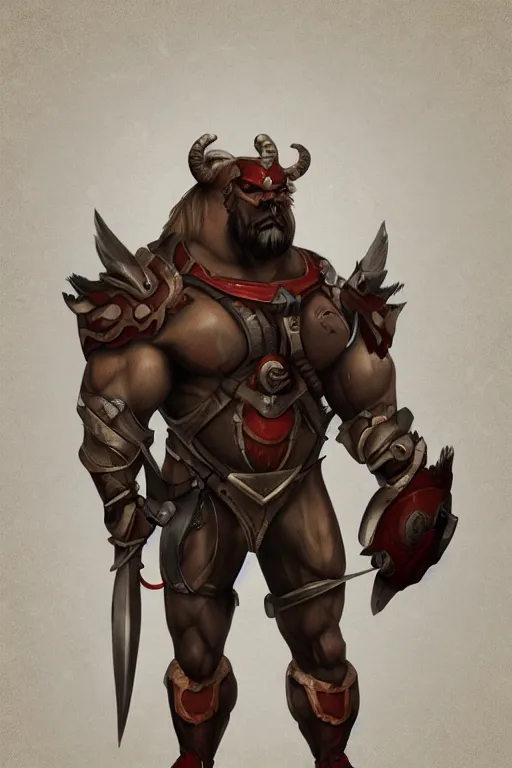 Image similar to anthropomorphic muscled bull warrior, Artstation