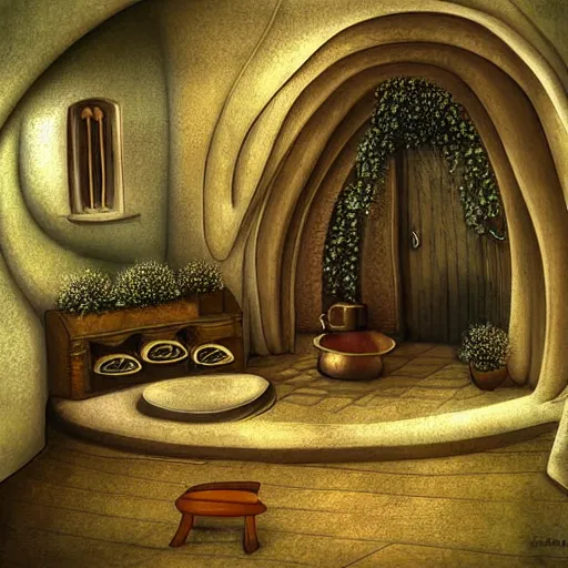 Image similar to art - deco interior of a hobbits house, digital art