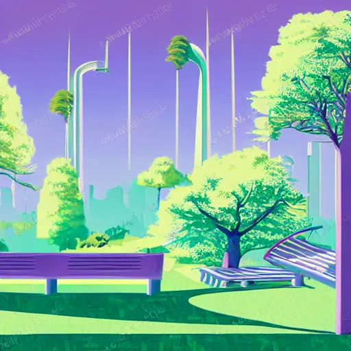 Image similar to art deco vaporwave illustration of a park with trees and benches, in a futuristic pastel city