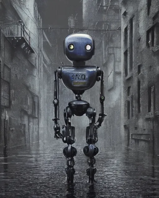 Image similar to robbie the robot walking through a wet alley, retrofuturism sci - fi old movie, highly detailed, photorealistic, 8 k, by beksinski and stalenhag