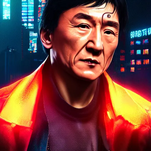 Image similar to jackie chan portrait, Cyberpunk 2077, cyberpsycho, photorealistic, ultra detailed, neon, octane, bokeh, cyber, cyberpunk city, feature, scars, cyberface, 8k