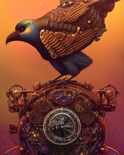 Prompt: a stunning fantasy portrait of an art - deco mechanical steampunk crow, closeup | highly detailed | very intricate | disney | artdeco steampunk | dramatic magical | bokeh moon stars | professional cinematic lighting | award - winning | painted by beeple and donato giancola and rhads | richcolor palette | featured on artstation