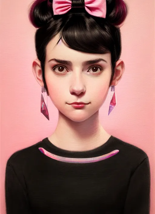 Image similar to portrait of teenage girl, realistic, black hair, bangs, half updo hairstyle, pointy nose, skinny, smile, ugly, defined jawline, big chin, pink hair bow, earrings, intricate, elegant, glowing lights, highly detailed, digital painting, artstation, sharp focus, illustration, art by wlop, mars ravelo and greg rutkowski