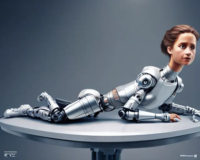 Image similar to weta disney pixar movie still head and torso screenshot photo of alicia vikander lying down on a mechanical table with a white ponytail as thoughtful intricate detailed mechanical plastic cyborg girl by pixar, by weta, wlop, ilya kuvshinov, rossdraws, artgerm, latex, iridescent, bright morning, anime, liosh, mucha