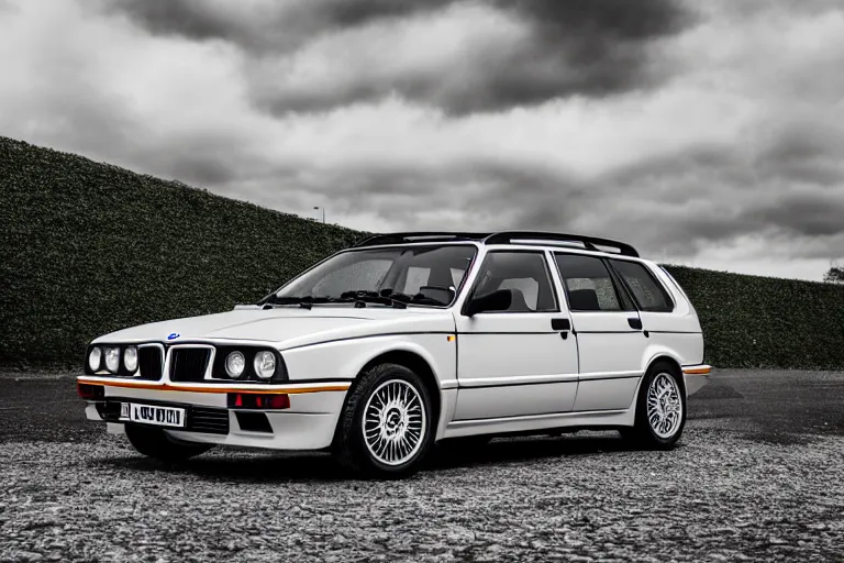 Image similar to 2015 Lancia Delta Integrale BMW M1 estate wagon, XF IQ4, 150MP, 50mm, F1.4, ISO 200, 1/160s, natural light, Adobe Photoshop, Adobe Lightroom, photolab, Affinity Photo, PhotoDirector 365