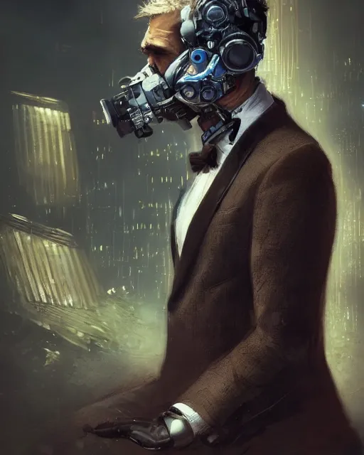 Image similar to a rugged young engineer man with cybernetic enhancements wearing a suit and bowtie, detailed face with mask, scifi character portrait by greg rutkowski, esuthio, craig mullins, 1 / 4 headshot, cinematic lighting, dystopian scifi gear, gloomy, profile picture, mechanical, half robot, implants, steampunk