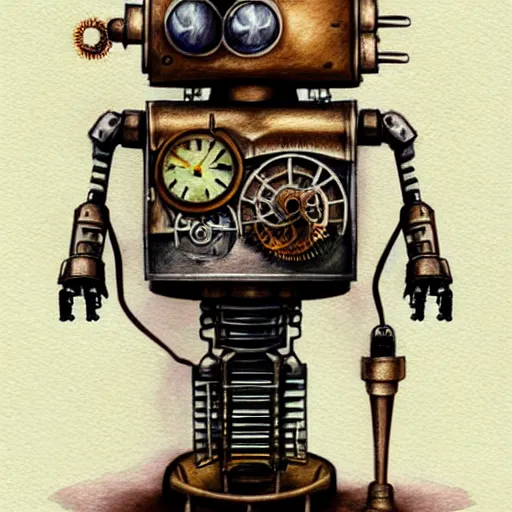 Image similar to hyper realistic pencil drawing of a steampunk robot waving, water color, full portrait, detailed, rim light, diffused, intricate, by anna dittmann,