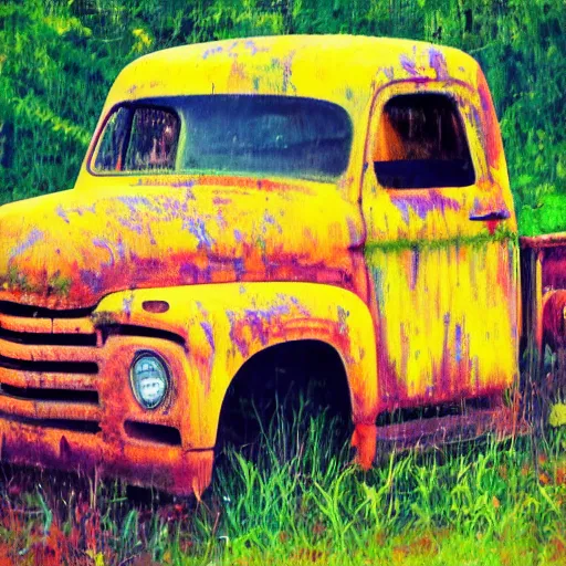 Image similar to impressionist painting of an old rusty pickup truck overrun by very thick kudzu