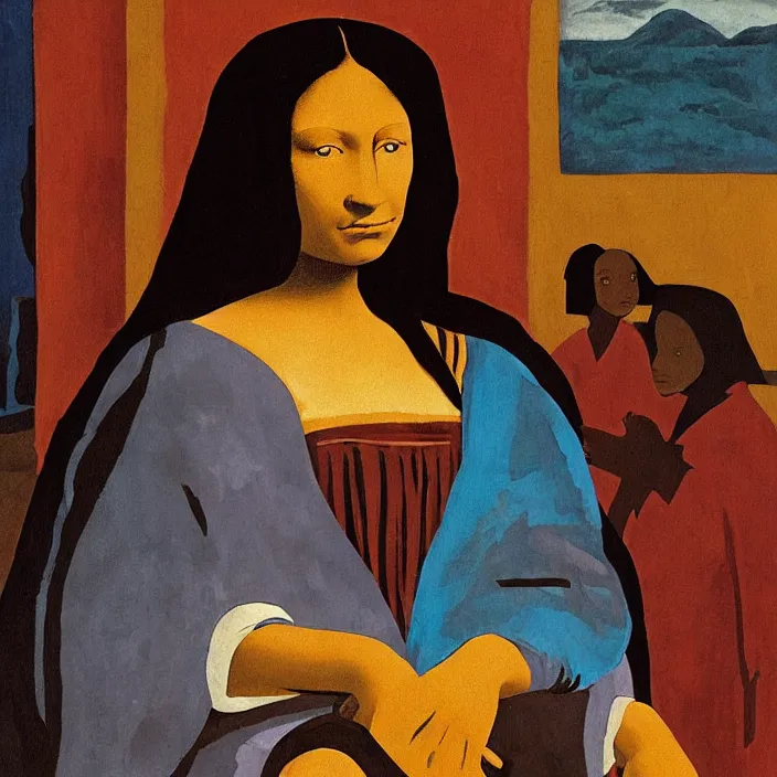 Image similar to an Afro American girl as Mona Lisa by Jacob Lawrence