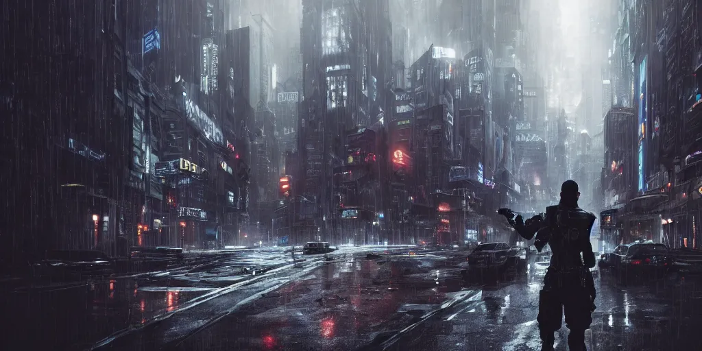 Image similar to uncanny valley, dark grotesque nocturne cyberpunk city, armed and dangerous, night, rain, black, grey, white, realistic 4 k octane beautifully detailed render, 4 k post - processing, highly detailed, intricate complexity, epic composition, magical atmosphere, cinematic lighting, masterpiece, ultra hd