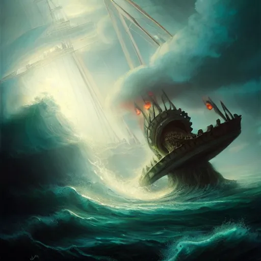 Prompt: A kraken-sea-monster attacking a 17th century Ship-of-the-line from the stormy ocean depths, atmospheric, dramatic, concept art by Peter Mohrbacher