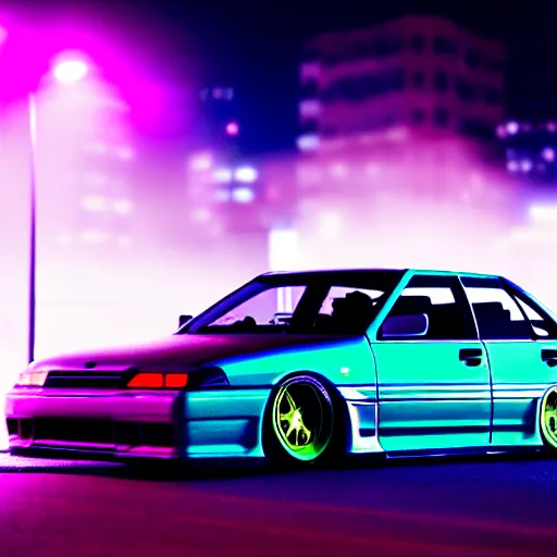 Image similar to a car JZX90 turbo at illegal car meet, Saitama prefecture, city midnight mist neon lights, cinematic color, photorealistic, highly detailed, 200MM