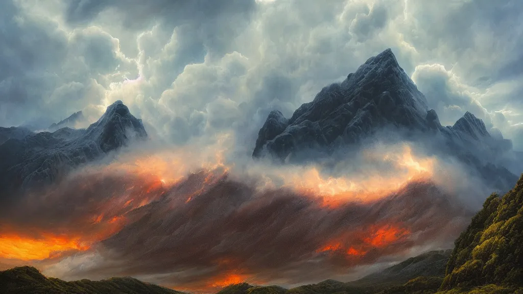 Prompt: a cinematic landscape photograph of a mountains peak in the clouds, a fiery dragon flys in the sky, thunder and lightning, lee madgwick