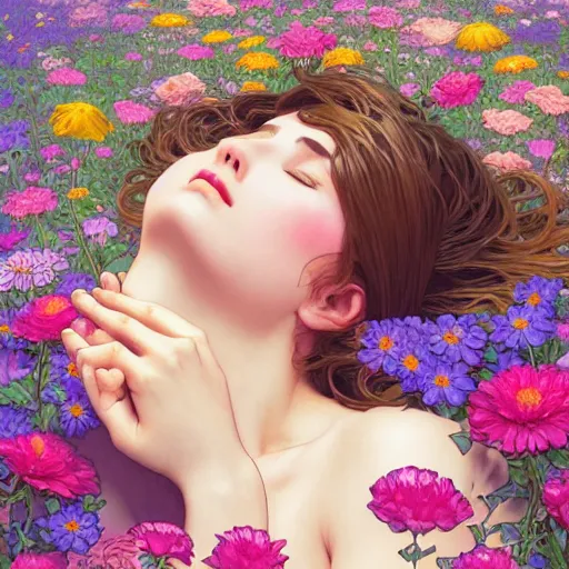 a woman sleeping in the middle of flowers, confident