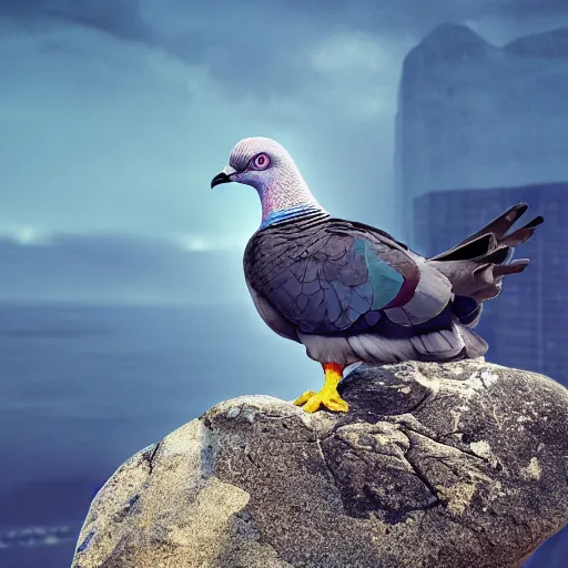 Image similar to electric super sayan muscled pigeon like the rock, best photo award, high quality 8 k, cinematic lighting, cinematic composition, high detail, landscape photo