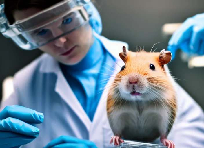 Image similar to film still of a hamster working in a research lab finding the cure for cancer, 8 k