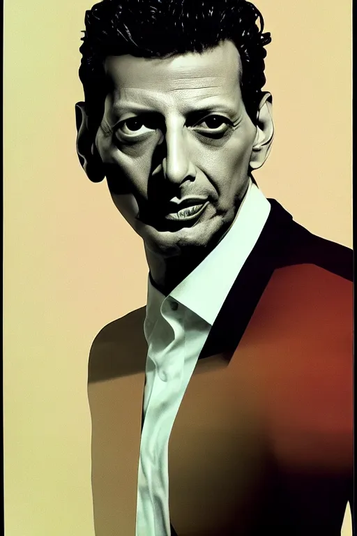 Prompt: double exposure composite portrait of jeff goldblum, floating head portrait, one profile and one facing, jc penney studio 1 9 8 5, color