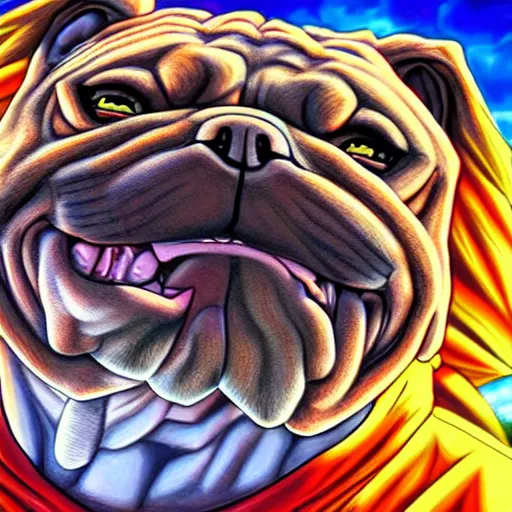 Image similar to ultra realistic portrait painting of a bulldog as super saiyan goku, art by akira toriyama, 4 k, dragon ball artstyle, cel shaded, highly detailed, epic lighting