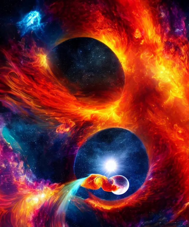 Image similar to black hole, sun, space, bright colors, surreal art, phoenix flames, nebula clouds, soft tones