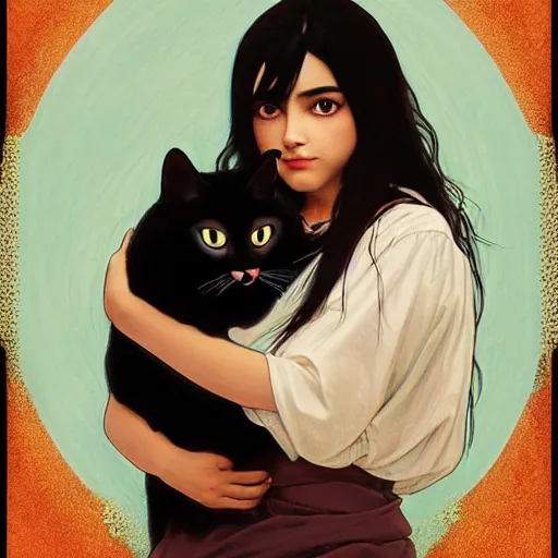 Image similar to emo mexican girl and her cat, with long dark hair, thick eyebrows!!! deep dark big shiny eyes and dark circles!, wide nose!!!, oval face shape, big cheeks! by juan villafuerte, greg rutkowski and alphonse mucha, pexels contest winner, high quality photo, rtx, hd