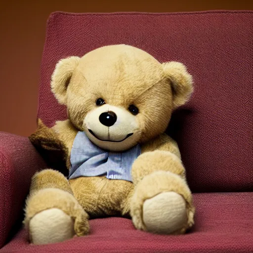 Prompt: a teddy bear getting up off the couch while staring at you creepy!!!!!! wearing a sweater vest, 4 k photo