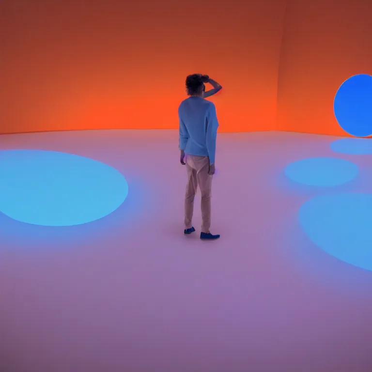 Image similar to conceptual artist performance of'blue and orange'gradient pattern colors light projection onto a convex mirror and a few giant human torsos in a cramped art gallery by james turrell, high contrast hyperrealism trending on arstation 8 k