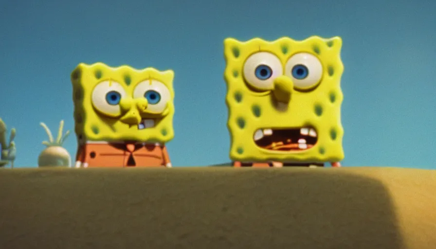 Prompt: 1 9 6 0 s movie still of spongebob, 2 0 0 1 a space odyssey, cinestill 8 0 0 t 3 5 mm, high quality, heavy grain, high detail, panoramic, cinematic composition, dramatic light, ultra wide lens, anamorphic, flares