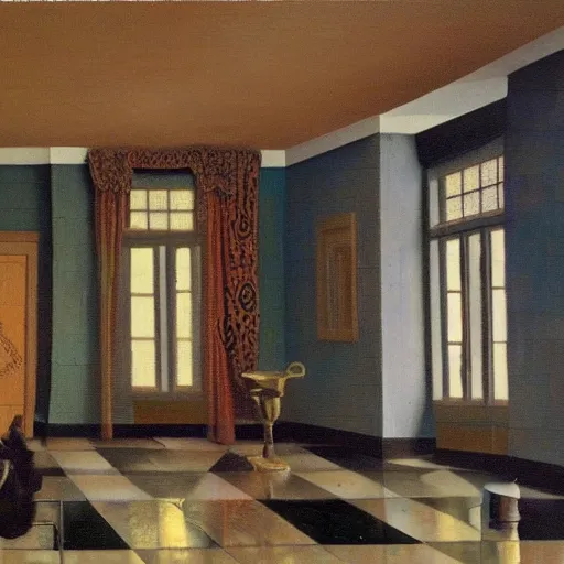 Image similar to realistic painting of chuck e. cheese building interior, in the style of johannes vermeer