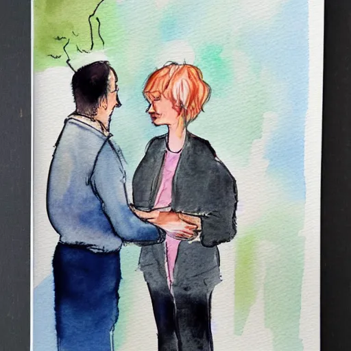 Image similar to a psychotherapist meets a client in his practice and helps her through a very difficult time for her, stylized watercolour