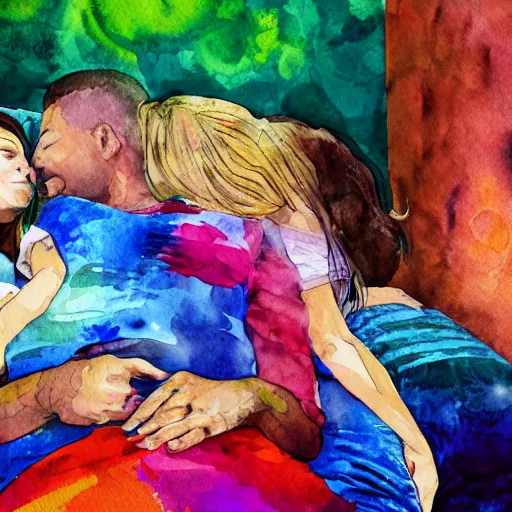 Image similar to A mother, a father, a teenage brother, a toddler sister all cuddling on a bed surrounded by pillows, swirling vivid colors, watercolor impressionism