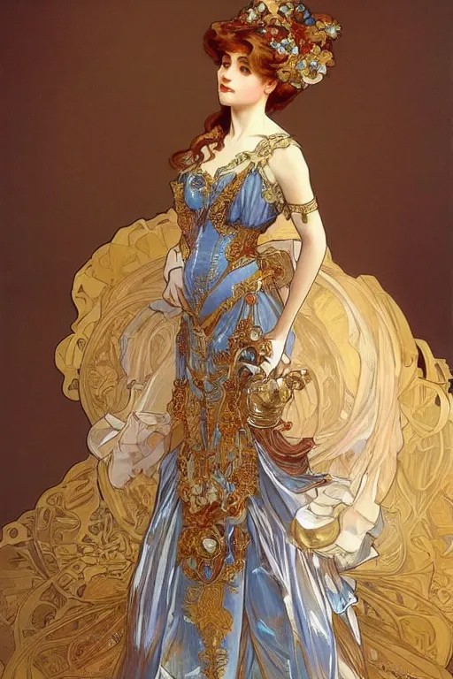 Image similar to portrait of a girl wearing an ornate gold and white dress, full body shot, highly detailed fantasy artstation artgerm alphonz mucha