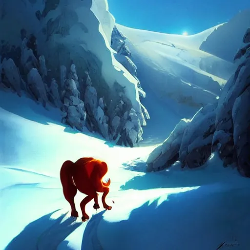 Image similar to avalanche down a snowy mountain, dramatic, cool shadows, warm light, cute, by disney, animation art - perfect global illumination, illustration, romantic painting, centered composition, by jesper ejsing, by rhads, makoto shinkai and lois van baarle