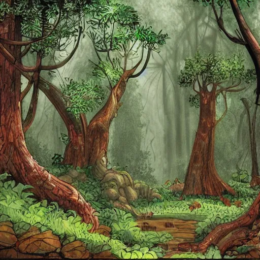 Image similar to a medieval forest hidden in the jungle, in the style of bob clampett,