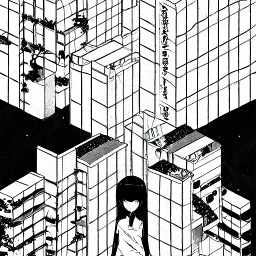 Image similar to a manga vignette with a japanese urban geometrical landscape, black and white, in style of inio asano