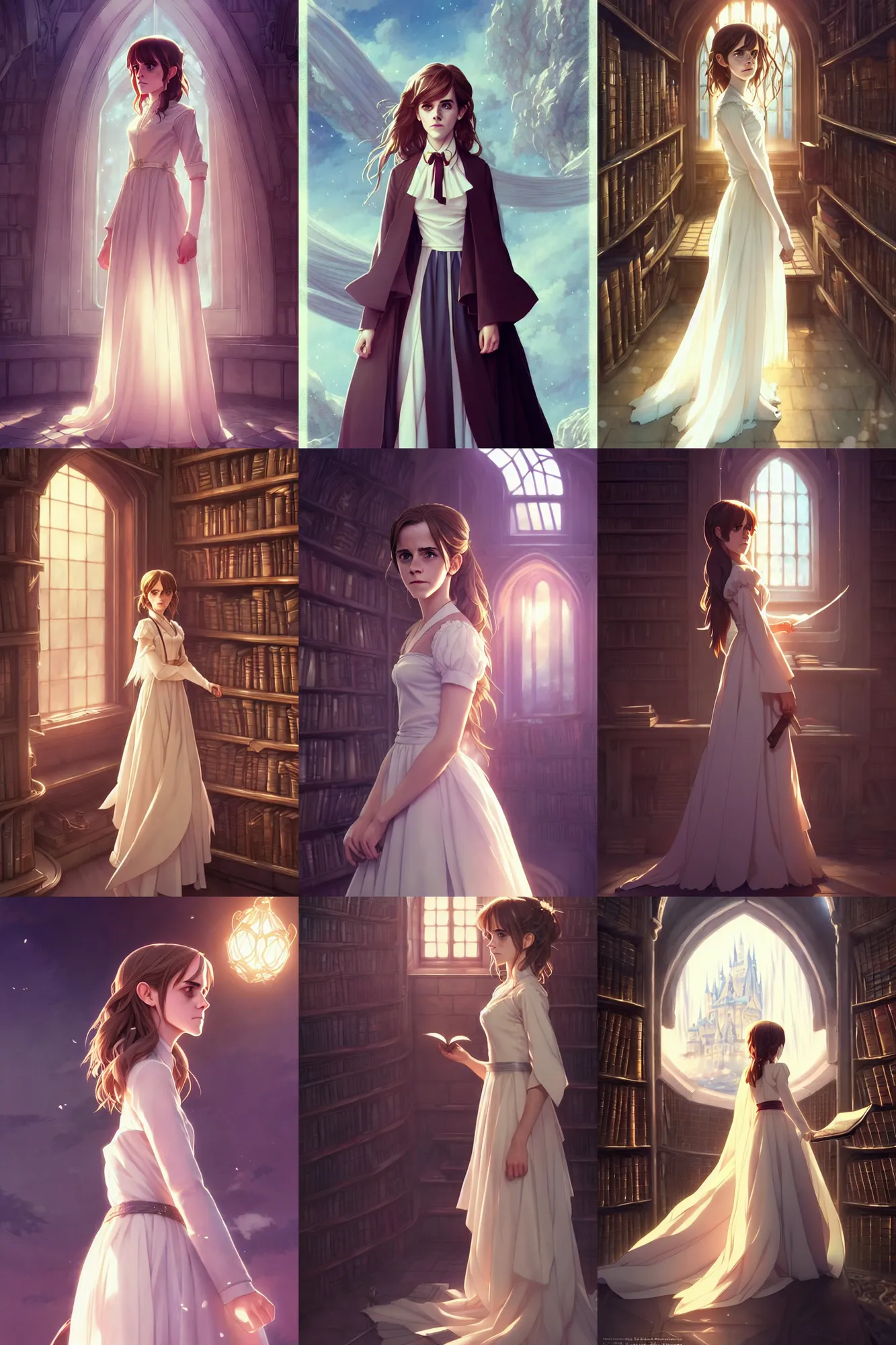 Prompt: emma watson act as hermione in a wedding dress, standing inside a magic library, character art, anime key visual, official media, illustrated by wlop and artgerm and greg rutkowski, ilya kuvshinov, intricate details, 8 k, trending on artstation, cinematic lighting, beautiful