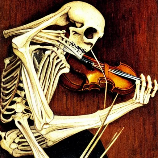 Prompt: portrait painting of a skeleton seated while playing violin, chiaroscuro, wooden interior walls, gothic and moody, Carlos Schwabe, Arnold Bocklin