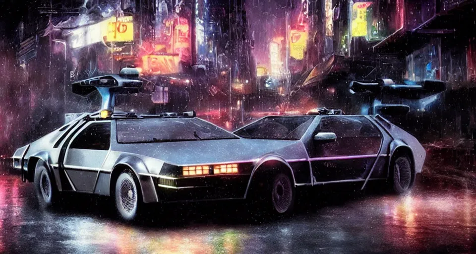 Prompt: a 2 8 mm closeup photo of a tela tron neon delorean back to the future car on wet city street at night, intricate, hyper detailed, smooth, high contrast, neon, volumetric lighting, octane, moebius, greg rutkowski, blade runner, ripley scott, mad max, cindmatic