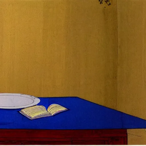 Prompt: a small room with window, bed on the right, a table with mirror on the left, hotei is on the table, an open book with painted by blue pen jesus, hyperrealism, light color, no hard shadow,