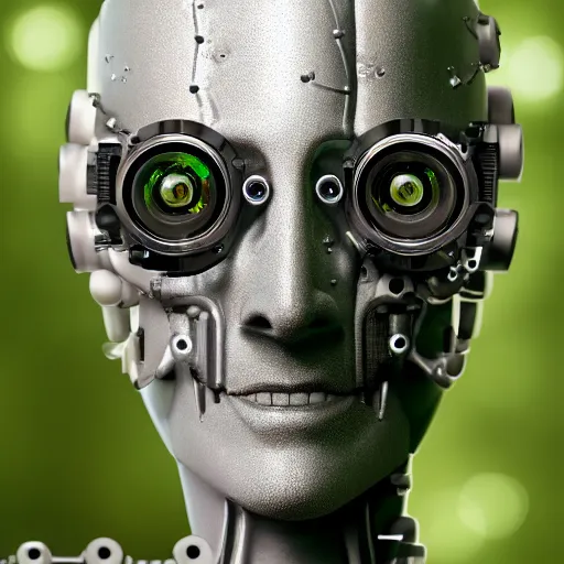 Image similar to very detailed portrait 55mm photo of a mechanical metallic head without skin, optic fiber nerves, gears in his head and cybernetic enhancements with no plating. Packed with cybernetics. Has cameras for eyes. In the forest with bokeh. Ray tracing and tessellation. Very sharp high detailed 8k image