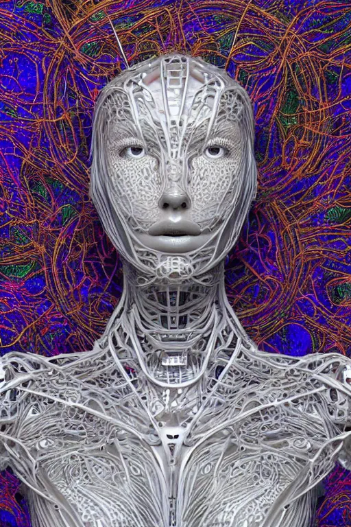 Prompt: a melancholic realistic 8k Sculpture of a complex robotic human face, liquid simulation, bright psychedelic colors, dramatic lighting, hexagonal mesh wire, filigree intricate details, cinematic, fleshy musculature, white blossoms, elegant, 50mm lens, DOF, octane render, art nouveau, 8k post-processing, intricate art by Frank Lloyd Wright